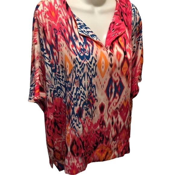 Chico’s Ikat-Print Split-Neck Blouse 3XL Dolman Sleeve Bright Colors Chiffon - Picture 3 of 9